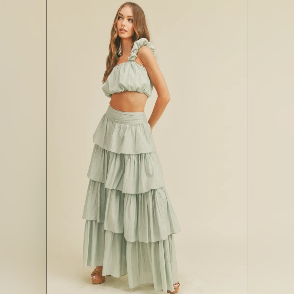 Tiered Maxi Skirt in Sage Green - Women's Flowing Maxi - Picture 3 of 13